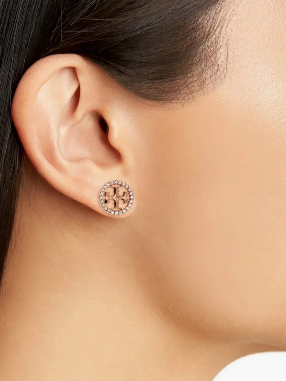 Tory Burch Miller Crystal Logo Stud Earrings Rose Gold Pavé Circle Logo Earrings